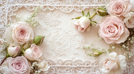 Poster - Pale pink roses arranged on a lace background.