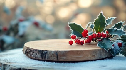 Aufkleber - Frosty winter scene with holly berries on a wooden slice.