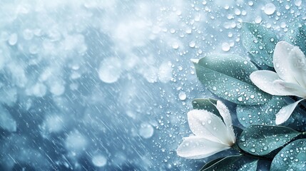 Poster - White magnolia blossoms with rain drops on blue background.