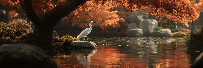 Poster - White egret perched on rock in serene autumnal garden pond, reflected in still water under maple tree.