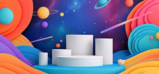 Poster - Colorful abstract cosmic background with 3D white podiums.