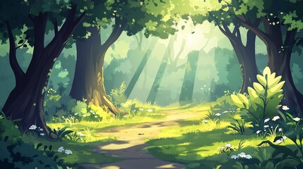 Aufkleber - Sunlit path through lush green forest with wildflowers.