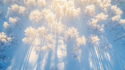 Poster - Aerial view of snow-covered pine forest at sunrise, long shadows.