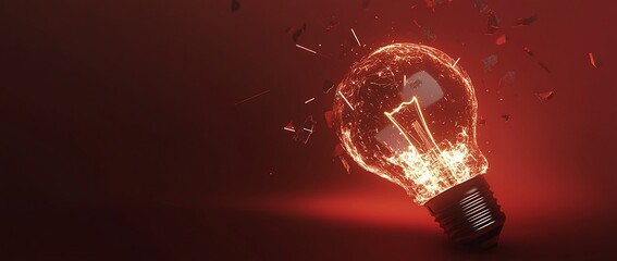 Poster - Shattered lightbulb with glowing fragments on red background.