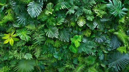 Poster - Lush green tropical foliage wall with various plants and leaves.