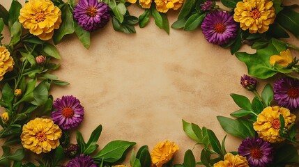 Poster - Flat lay of yellow and purple flowers arranged in a circle on beige background.