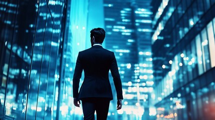 Poster - A businessman walks away from the camera down a city street at night, surrounded by skyscrapers.