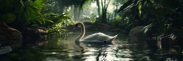 Poster - Serene white swan gracefully glides on tranquil pond amidst lush tropical foliage, sunlight filtering through dense canopy.