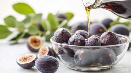 Aufkleber - Fresh figs in a glass bowl being drizzled with syrup.
