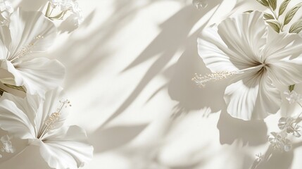 Aufkleber - White hibiscus flowers and leaves with shadows on a light background.