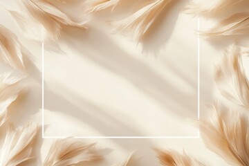 Aufkleber - Beige feathers frame sunlight shadow on cream background.