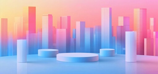 Poster - Pastel city skyline with podiums.