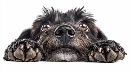 Aufkleber - Adorable black puppy with big eyes looking up, paws on white background.