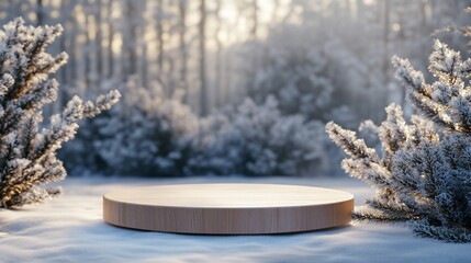 Aufkleber - Wooden platform in snowy winter forest scene.