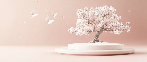 Poster - Minimalist 3D render of a blossoming tree with butterflies on a platform.