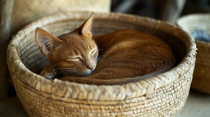 Poster - A reddish-brown Abyssinian cat peacefully sleeps curled in a rustic woven basket.