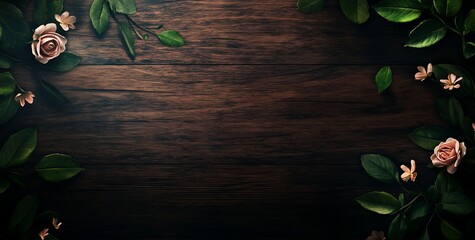 Aufkleber - Dark wooden background decorated with pink roses and green leaves, forming a frame.