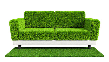 Fototapete - Modern sofa covered with bright green grass. 3d render, isolated on transparent or white background