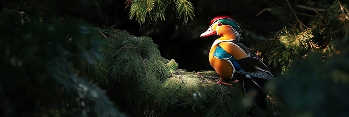 Poster - A vibrant mandarin duck perched on a branch amidst lush green foliage, bathed in sunlight.