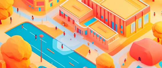 Aufkleber - Isometric view of a city with buildings, canal, and people.