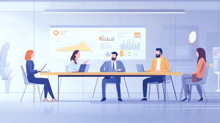 Aufkleber - Business team meeting around a table in modern office, analyzing data on a large screen.
