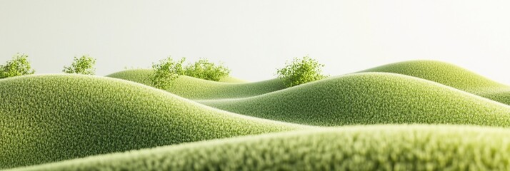 Poster - Lush green rolling hills with small trees under a bright sky.