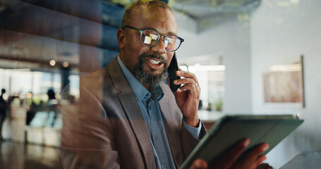 Poster - Phone call, planning and tablet with business black man in office for communication or update. App, conversation and strategy with mature employee in workplace for accounting or finance feedback