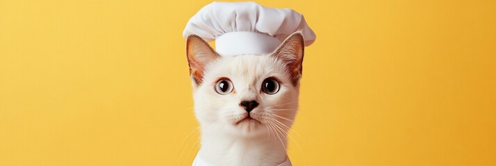Poster - Cute cat wearing a chef's hat against a yellow background.