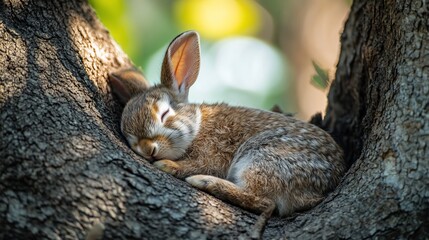 Poster - Adorable brown bunny rabbit sleeping peacefully nestled in the crook of a large tree trunk.