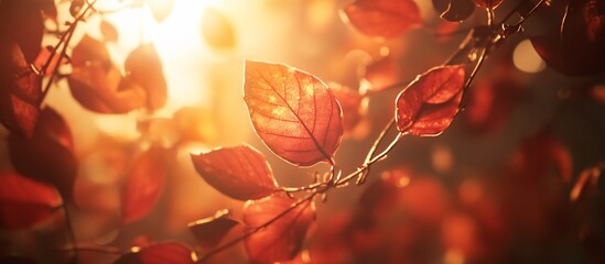 Poster - Backlit autumn leaves on a branch.