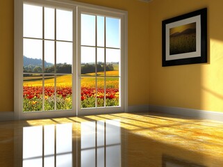 Poster - Sunny room with large window overlooking vibrant flower field.