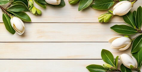 Aufkleber - White magnolia blossoms and green leaves arranged on a light wooden background, leaving copy space in the center.