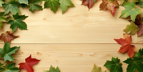 Aufkleber - Autumn leaves frame on light wood background. (1)