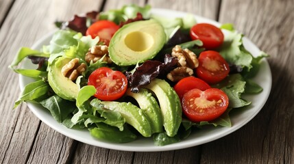 Poster - Fresh avocado and tomato salad with walnuts and mixed greens on a rustic wooden table.