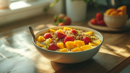 Poster - Delicious mango and strawberry breakfast bowl with granola on wooden table in sunlight.