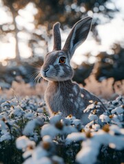 Aufkleber - A brown and white rabbit sits in a field of white flowers at sunset.