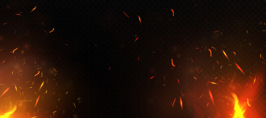 Poster - 
Backgrounds of burning sparks and glowing fire particles with smoke on a dark background. Fire embers and heat effects for explosions, flame scenes or visual design.