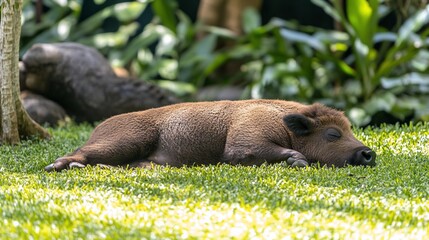 Poster - A brown piglet sleeps soundly on a lush green lawn under dappled sunlight, near a blurry background of tropical foliage.