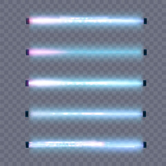 Poster - Set of glowing horizontal blue laser beams with soft core and chromatic glow. Light streaks for sci-fi weapons, magic effects, user interface elements and energy animations.

