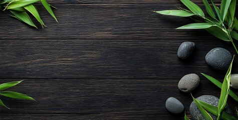Poster - Dark wood background with bamboo leaves and grey stones.