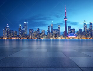 Poster - Night cityscape skyline with empty plaza.