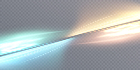 Poster - Abstract refractive light glare effect with intersecting translucent rays. Bright blue-gold glare with luminous refraction curves on transparent background.