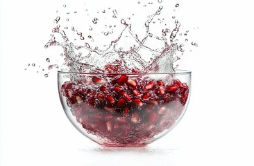 Poster - Pomegranate seeds splashing in a glass bowl of water on white background.