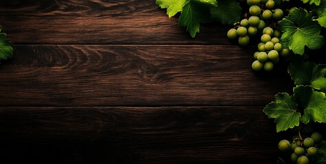 Poster - Green grapes and vine leaves on dark wood background. (1)