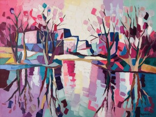 Poster - Abstract Reflections on Still Water: Vibrant Lakeside Artistic Impression