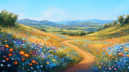 Aufkleber - Winding path through vibrant wildflowers and rolling hills under a clear blue sky.