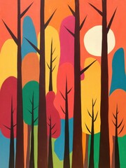 Poster - Stylized forest landscape with vibrant colors and bare trees, abstract nature art