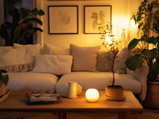 Aufkleber - Cozy living room at night, warm lighting, plants, sofa, coffee table.