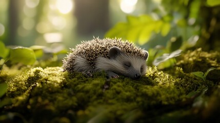 Poster - Adorable baby hedgehog sleeping peacefully on a bed of moss in a sunlit forest.