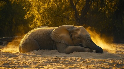 Poster - Young elephant resting in golden sunlight, dust swirling around it.
